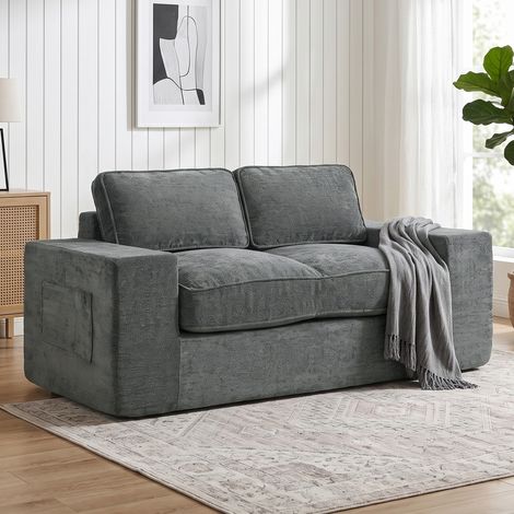 Canapé 2 places en tissu chenille gris, méridienne de salon 156 cm, sièges et accoudoirs spacieux rembourrés, coussins inclus, fauteuil confortable pour appartement. (1/5)
