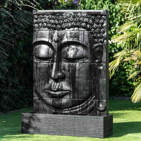 Wanda Collection – Fontaine murale extérieure visage de bouddha 180 cm – Résine noire – Alimentation en circuit fermé – Pompe 50W 3000 l/h