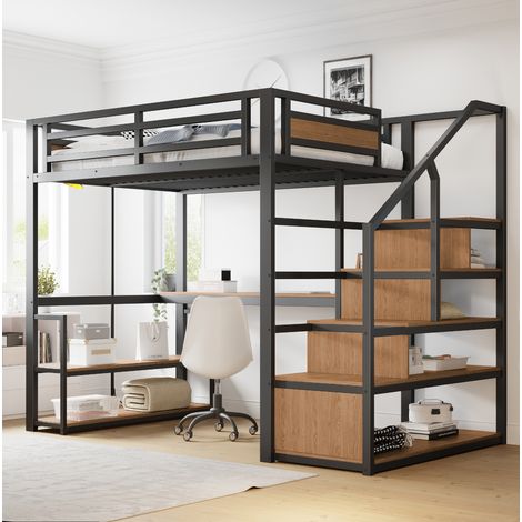 Letto a soppalco in metallo e MDF nero 140x200 cm con scrivania, scaffali e scala contenitore (1/5)