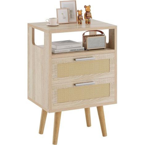 Table de Chevet avec 2 Tiroirs, Table Basse, Commode Boho, étagère Ouverte, Décorés à La Main en Rotin, 39x29x59 cm, pour Salon, Bureau, Chambre à Coucher, Naturel HST015N (1/5)