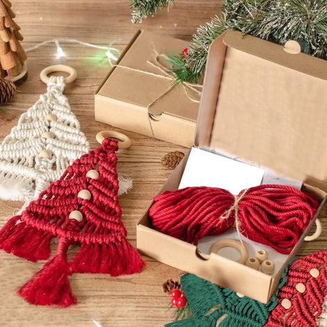 Kit de sapin de Noël en macramé tressé (3 pièces) à monter soi-même. Décoration murale bohème. Idéal pour les débutants. Fournitures pour fêtes de Noël à faire soi-même.
