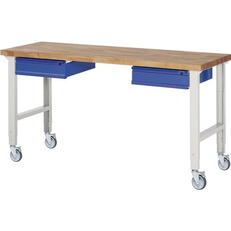 TECWERK Werkbank B2000xT700xH950-1000mm Buche massivlichtgrau / enzianblau 2Schubladen