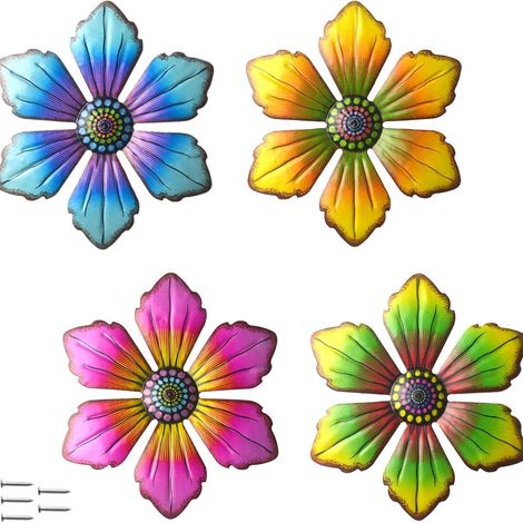 JSSEVN-4 Pièces Metal en Fleur Mur Art Décoration, Sculpture Murale en Métal, Décoration de Jardin, Décoration Murale pour Clôture de Jardin Intérieur (1/5)