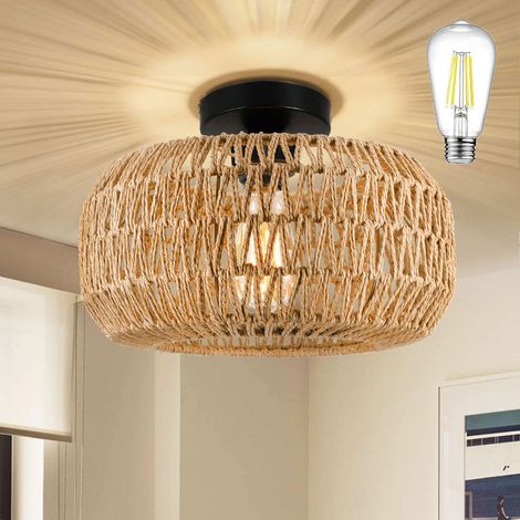 Suspension rotin, Plafonnier E27 RéTro avec Boho Tissé Abat Jour ,360° éclairage,pour salon/chambre/cuisine/couloir (1/5)