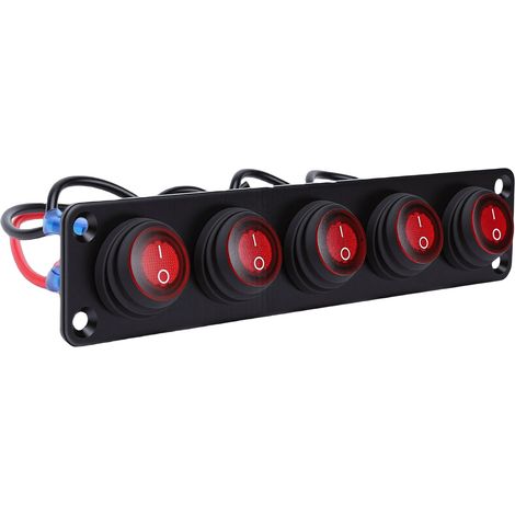 Panneau de 5 interrupteurs bascule 20A, rond rouge marche/arrêt, étanche en alliage d'aluminium pour voiture, bateau, camping-car, camion et remorque (1/5)