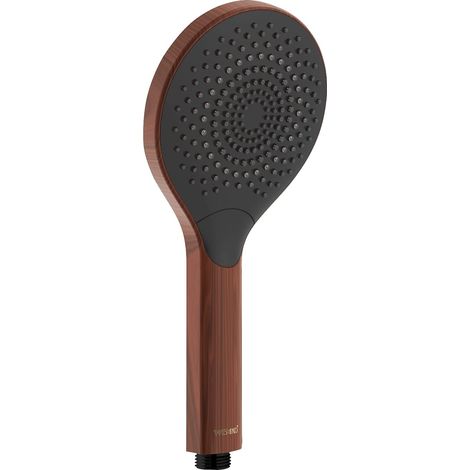 Wenko Soffione doccia Watersaving Wood, doccetta a mano a risparmio idrico in ottica legno, plastica, risparmia acqua, 3 getti, collegamento universale ½“, Ø 12 cm, marrone/nero (1/5)