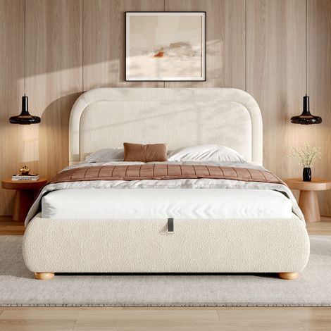 Lit coffre 140x190 capitonné bouclé beige, sommier lattes, rangement hydraulique (1/5)