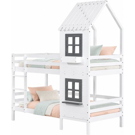 CHICFURN Litera infantil 90x200 cm de pino blanco y gris con ventana, sin colchón (1/5)