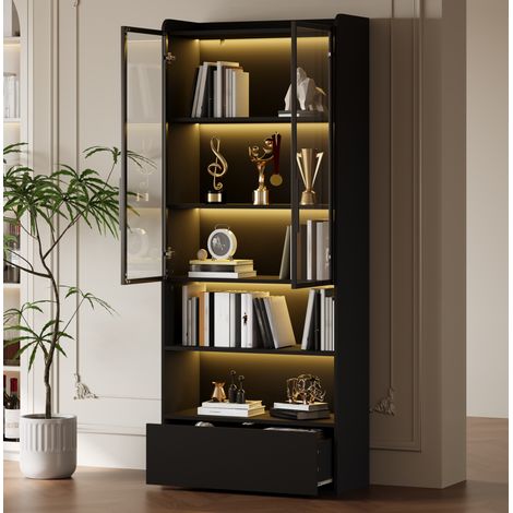 MEUBLIV Hohe Vitrine 80 x 34 x 180 cm Schwarz – LED, Glastüren und Schublade (1/5)