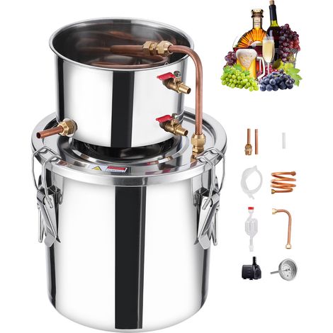 VEVOR Destilador de Alcohol de Acero Inoxidable 11,4 L, con Bobina de Cobre, Kit de Fermentación para Refinación Cerveza Casera con Termómetro y Bomba, para Vino, Whisky, Brandy, Plata, Φ 250 x 250 mm (1/5)