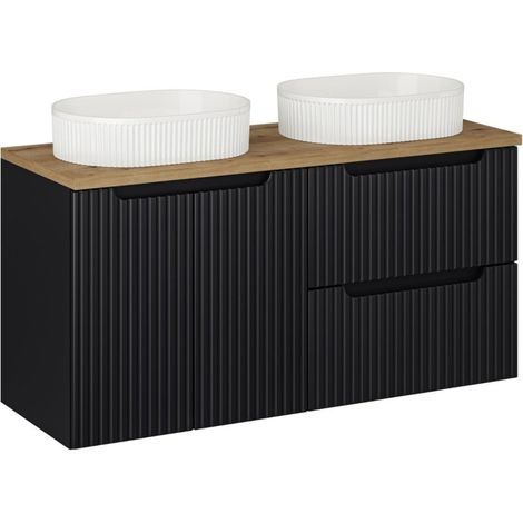Ensemble VANO 120cm : muebles bajo lavabo con cajones y armarios + encimera para lavabo + dos lavabos para colocar con ranuras