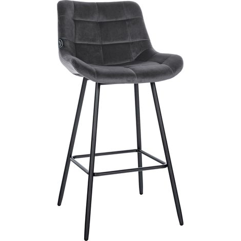 Taburete de bar x1 con reposapiés tapizado en terciopelo gris oscuro, base de cuatro patas en metal negro 100005461