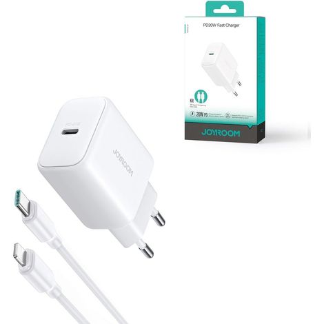 Cargador rapido joyroom pd 20w usb c con cable usb c a lightning de 20w 1m - blanco
