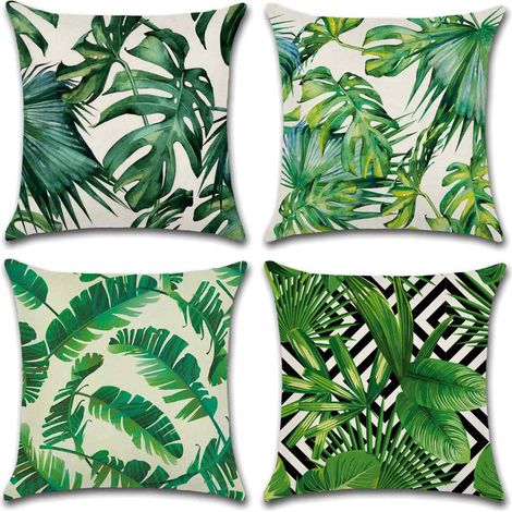 Extérieur Housse De Coussin, Lot De 4 Imperméable Plante Tropicale Verte Motif Canapé Taie D'oreiller Pour Patio Jardin Salon Chambre Décoration, 45x45cm -Plantes Tropicales 01 (1/5)