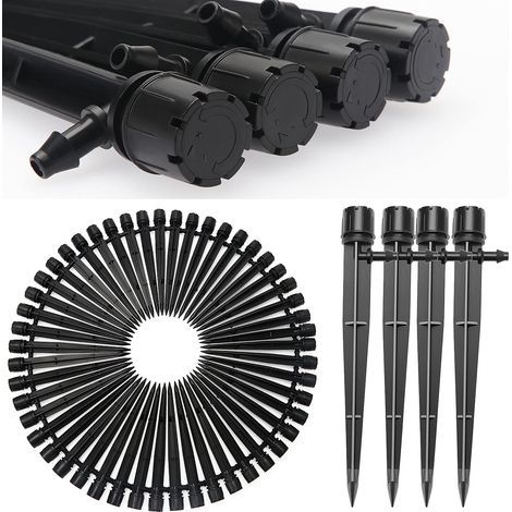 50 Pieces Adjustable Irrigation 360 Degree 8-Hole Micro Drip Sprinkler with Barbed Connector & Support Stake for 4/7 mm Tube, Irrigation Dripper Insertion, Black