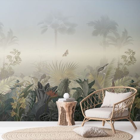 Fototapete Profhome 392701 heißgeprägte Vliestapete glatt mit Dschungel-Design matt blau grün grau 2,65 m x 2,8 m