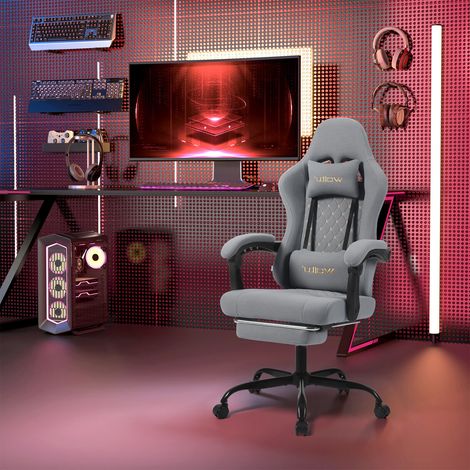 WOLTU Gaming Stuhl, Atmungsaktiver Bürostuhl, Computerstuhl Ergonomischer, Drehstuhl mit Taschenfederkissen, mit Kopfkissen, Lendenkissen, Fußstütze, 150 kg Belastbarkeit, Netzstoff, Grau + Gelb (1/5)