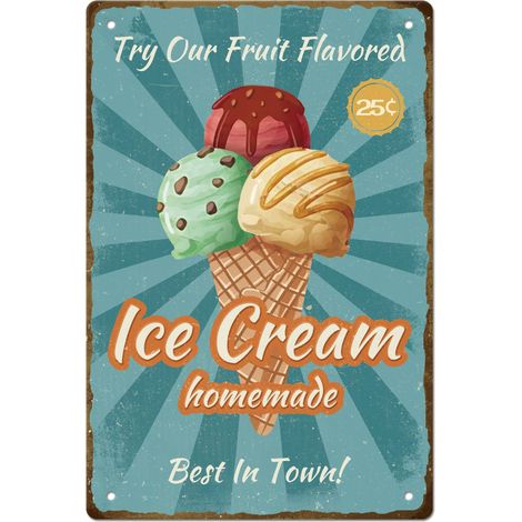 Ice Cream Homemade Plaque Metal Vintage Try Our Fruit Flavored Plaque Murale Decorative Affiche Amusant Peinture Décor Dessert Store Outdoor Clôture Panneau Decoratif Exterieur Metal (1/5)
