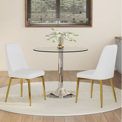 Essgruppe mit rundem Glastisch 85 cm und 2 PU-Esszimmerstühlen Weiß Gold MODENUIT (1/5)
