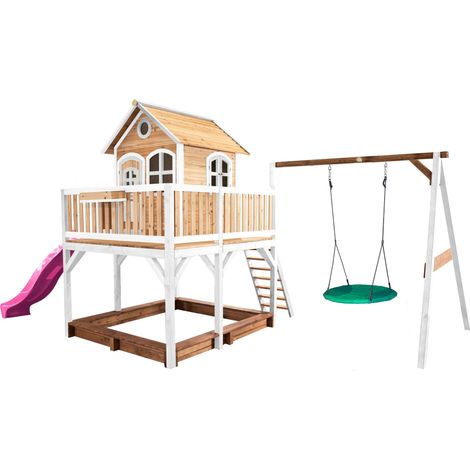 Axi Liam Maison Enfant Avec Bac À Sable, Balançoire Nid D’Oiseau Vert & Toboggan Violet Aire De Jeux Pour L'Extérieur En Marron & Blanc Maisonnette / Cabane De Jeu En Bois Fsc