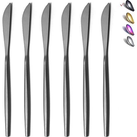 6 pièces Couteau de table en acier inoxydable, couteau à beurre robuste, lave-vaisselle en toute sécurité (noir mat-8,9 pouces) (1/5)