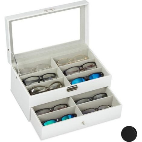 Boîte À Lunettes - 12 Compartiments - Cuir Artificiel PU - Verre Transparent - Velours Intérieur - 15,5 x 33,5 x 19,5 cm - Blanc (1/5)