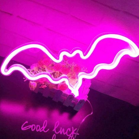 Chauve-souris Néon - Luminaire Décoratif Murale Rose - Alimentation USB ou Piles AA - Pour Chambre Intérieure, Décoration Halloween et Noël - 1 Pièce (1/5)