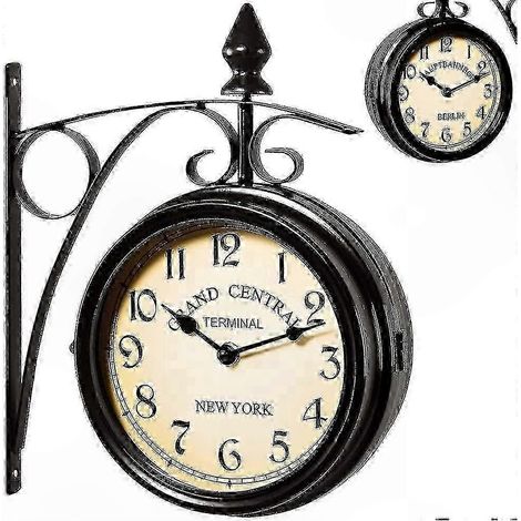 Horloge murale rétro de gare à double face, design noir, pour décoration intérieure et bureau, style ancien (1/2)