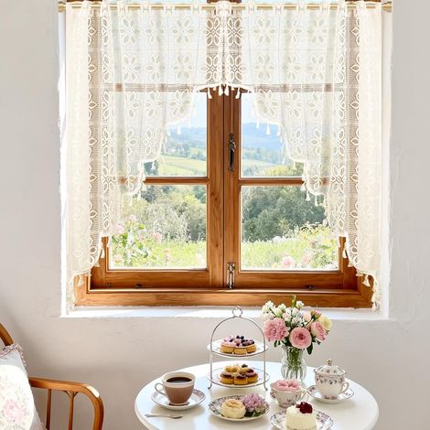 JSSEVN - Short, semi-sheer cafe curtain for windows, living rooms, and kitchens, with a floral pattern, beige, 100 x 150 cm, 1 piece (1/5)
