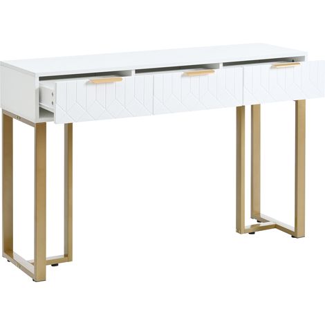 Consola moderna con 3 cajones, estructura metálica dorada y patas regulables, blanco y dorado (1/5)