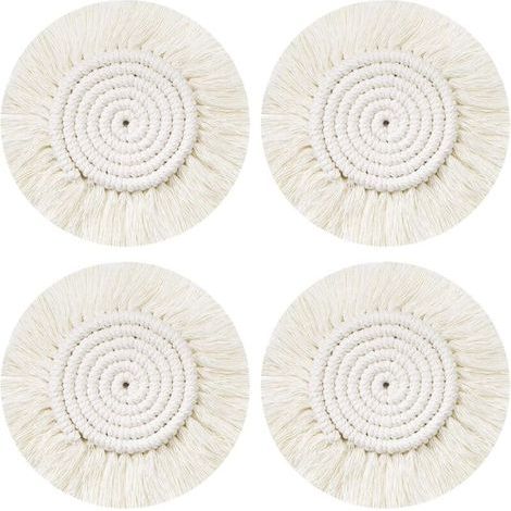 Pair CSPARKV Dessous Verre Napperon Tissé Main, 4Pcs Ronds sous-Verres Tressé Coaster Macrame, Boho Tapis de Café Boisson Bière Tasse Table Antidérapant Résistantes à la Chaleur Décoration de Table
