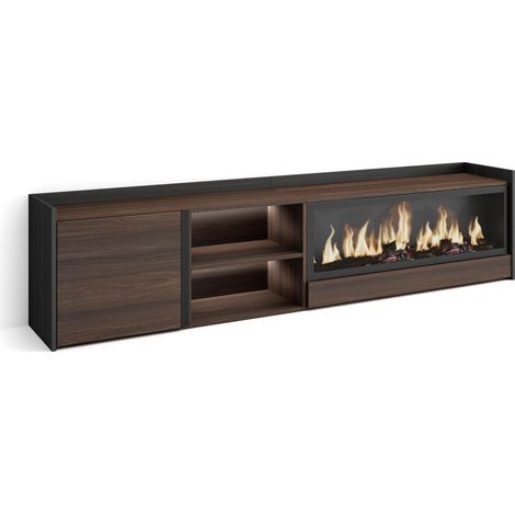 Skraut Home - Mobile TV Soggiorno, Ampio spazio a disposizione, 212x35x50cm, Per TV fino a 80", Camino elettrico XXL, LED, Stile moderno, Rovere scuro e Nero (1/5)