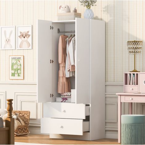 Armoire penderie 70x40x170 cm en MDF et contreplaqué blanche, 2 tiroirs, pour chambre – MEUBLIV (1/5)