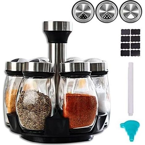 17x17x19cm Rotating Spice Rack, Spice Carousel, 360° Rotating Spice Organizer, 6 Pack Glass Refill Jars for Cabinet, Countertop, Kitchen (Spices Not Included) (1/5)