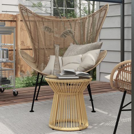 Table de ronde jardin en résine tressée imitation rotin table de bistrot métal plateau verre trempé Ø 40 x 42 cm beige