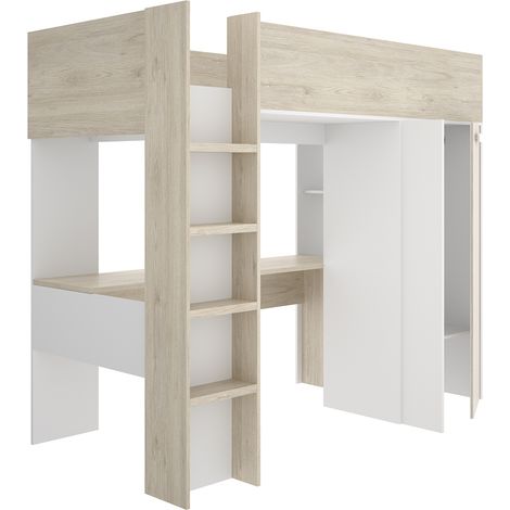 Lit enfant avec bureau et armoire coloris chêne naturel, imitation lamelles, blanc - Longueur 206 x Profondeur 111 x Hauteur 177 cm (1/5)