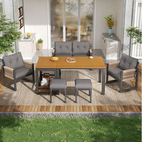Set di mobili da giardino in ferro grigio e naturale con divanetto 2 posti, 2 poltrone, 2 pouf, tavolo rimovibile e cuscini (1/5)
