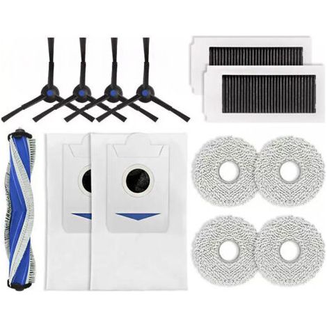 Les accessoires pour l'aspirateur robot Ecovacs X5 Pro comprennent 1 brosse rotative, 4 brosses latérales, 2 filtres, 2 sacs à poussière à charbon actif et 4 chiffons de nettoyage. (1/5)