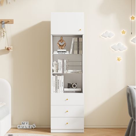 Vitrine haute 50 x 40 x 180 cm avec étagères en verre réglables, 3 tiroirs, blanche DESVIAE (1/5)
