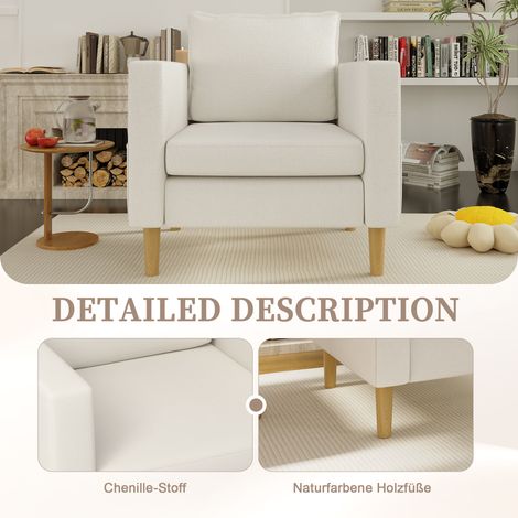 Fauteuil scandinave individuel avec coussin moelleux et poche latérale de rangement, idéal pour salon et coin lecture détente.