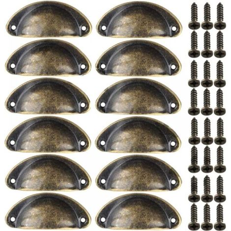 12pcs Poignées de Meuble Vintage Boutons de Tiroir Metal Coquille pour Placards Armoire Commode Cuisine Tiroirs Laiton Antique 8135mm (1/4)