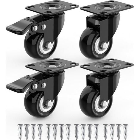 Lenkrollen für Möbel, 2 davon mit Bremsen + Schrauben – 50 mm, bis 100 kg – abriebfeste Rollen für schwere Lasten – Gummiräder für Transportwagen – Schwarz (1/4)
