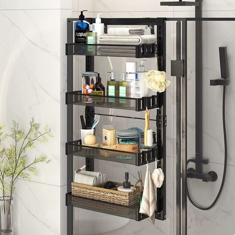 Etagere Douche a Suspendre à 4 Niveaux, Etagere Douche a Suspendre, étagère de Salle de Bain avec Crochets, Rangement Salle de Bain Sans Percage, Étagère de Douche Suspendu Panier