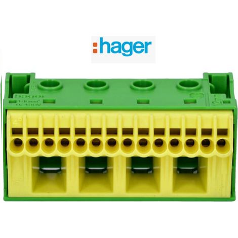 Hager – Bornier de terre sans vis 14x4 mm² – 4x25 mm² – Pour tableaux électriques – Dimensions 75x33x34 mm – Couleur vert/jaune