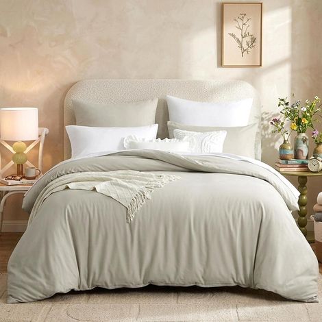 Bettwäsche-Set 220x240 cm 3-teilig Mikrofaser Beige/Weiß mit Reißverschluss