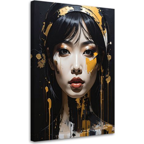 Quadro su tela, Ritratto di una donna in oro decorazione moderna glamour su sfondo nero, 40x60 (1/5)