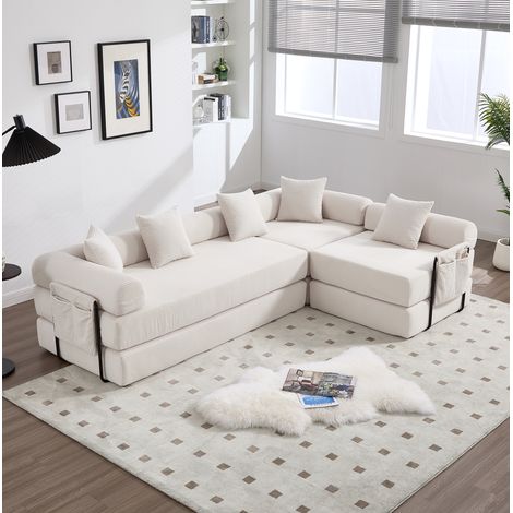 Sofá modular con almacenaje y tejido de pana beige OKMYHOME (1/5)