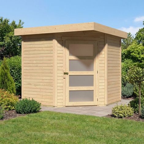 Abri de jardin en épicéa massif 4,62m² – Toit plat 16mm – Porte vitrée 81,5x175cm – Fenêtres plexiglas – Garantie 5 ans – Karibu