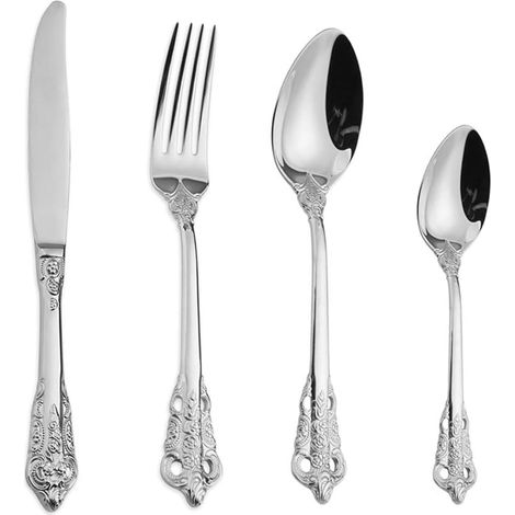 Set de couverts acier inoxydable baroque 4 pièces couteau, fourchette, cuillère, cuillère à café, style royal antique, passe au lave-vaisselle (1/4)