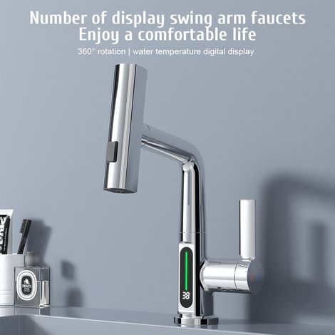 Küchenarmatur mit ausziehbarem Brausekopf, LED-Temperaturanzeige, verstellbarer Höhe und 360°-Schwenkfunktion, 3 Strahlarten, Einhebel-Waschtischmischer aus Edelstahl.
